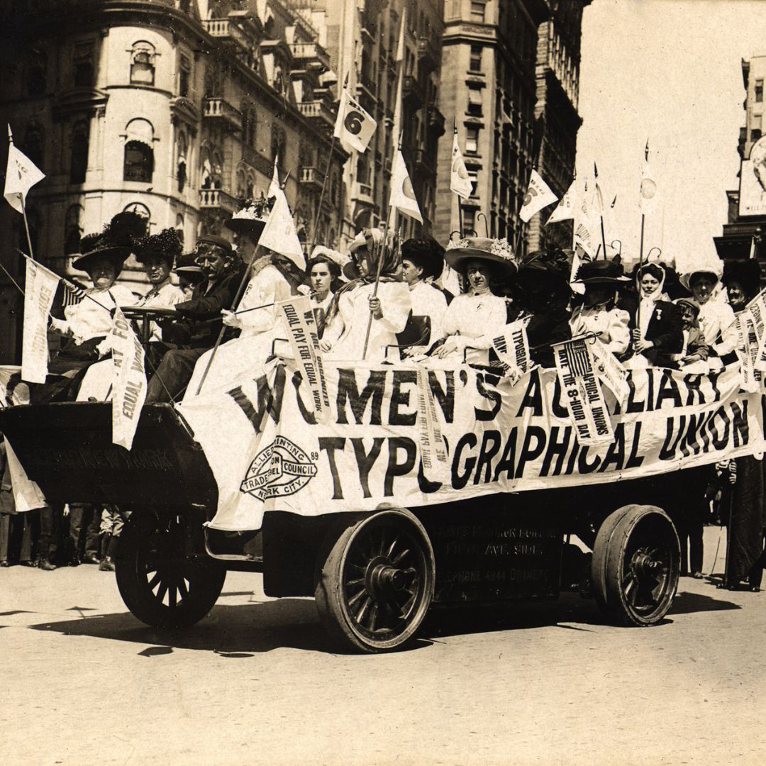 Image of Labor Day parade. Women on float of the Women's Auxilliary Typographical Union. New York City, September 6, 1909